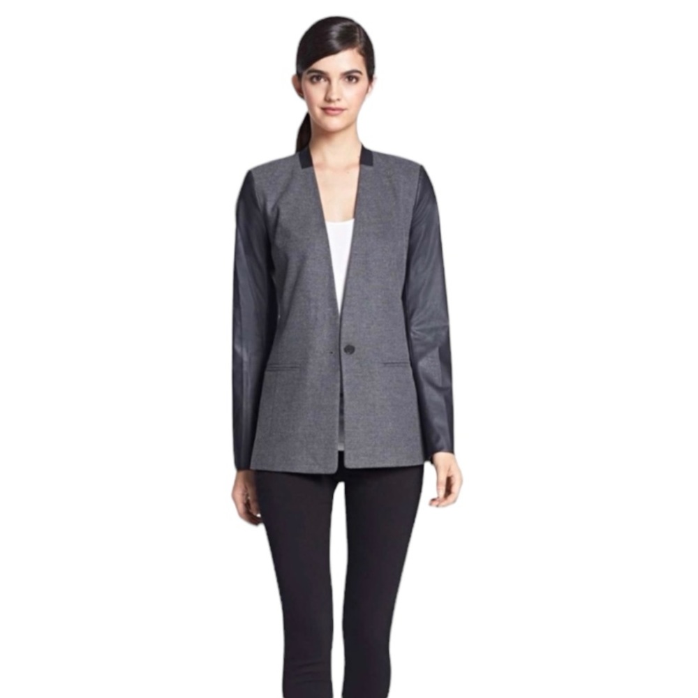 Grey and black faux leather sleeve blazer